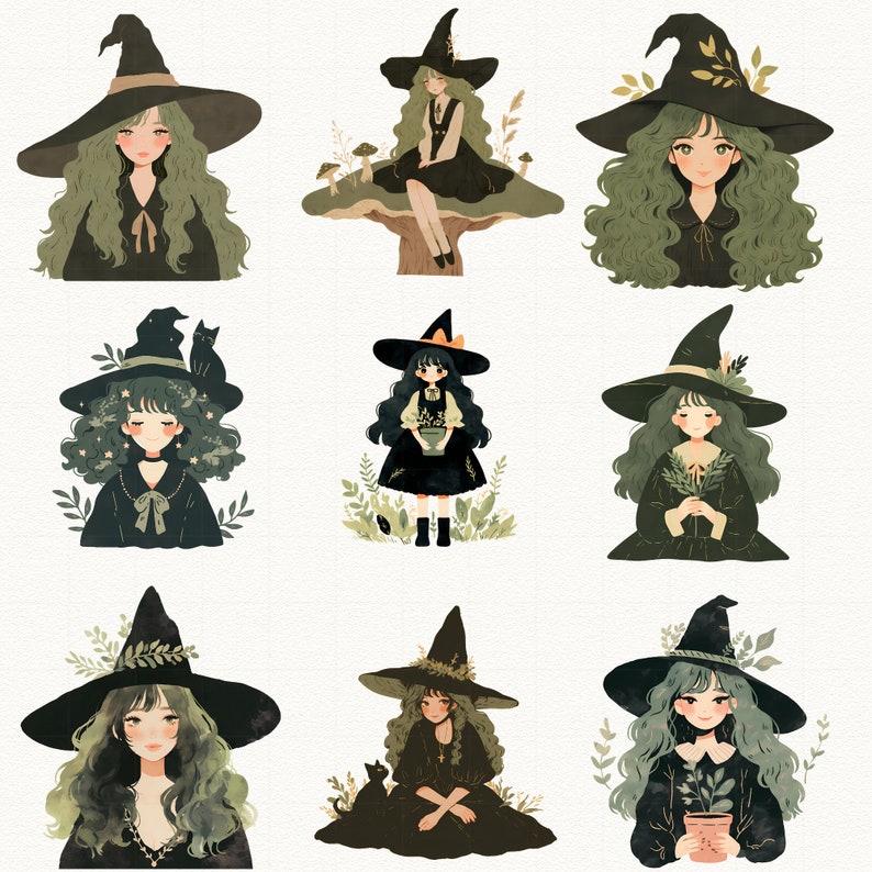 May include: A digital illustration of ten witches wearing black and green pointed hats with various floral and foliage accents. Each witch is holding a small plant or a black cat. The background is white.