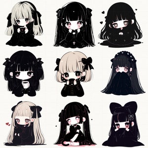 May include: Nine digital illustrations of anime girls with black hair, black clothing, and various accessories. The girls are all wearing black dresses and have black hair with different styles. Some of the girls are holding cups of tea or coffee.