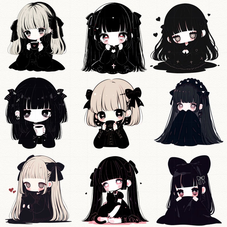 May include: Nine digital illustrations of anime girls with black hair, black clothing, and various accessories. The girls are all wearing black dresses and have black hair with different styles. Some of the girls are holding cups of tea or coffee.