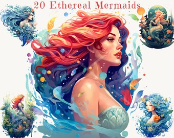 Ätherische Meerjungfrauen Aquarell Clipart Bundle - Fantasy Themen PNG Illustrationen, Transparenter Hintergrund für kommerzielle Nutzung