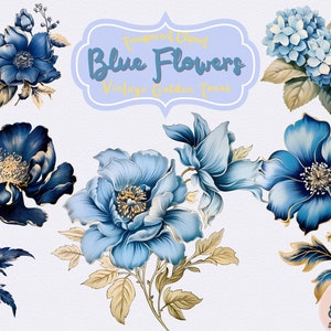 Pode incluir: Um conjunto de 26 ilustrações de flores azuis com detalhes dourados. As flores são de vários estilos, incluindo hortênsias, peônias e rosas. As ilustrações são perfeitas para adicionar um toque de elegância a qualquer projeto.