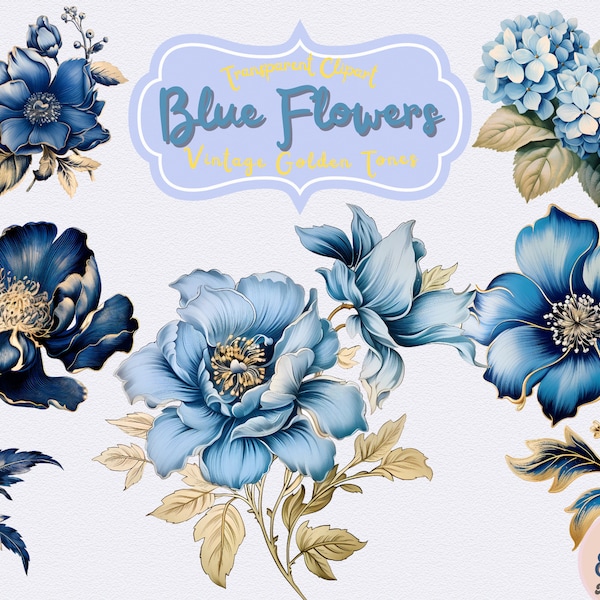 Blue Flowers Clipart Bundle - 26 Vintage Golden Tones Flowers Art, Floral Clipart Junk Journal Ideas, Commercial Use, Transparent Background