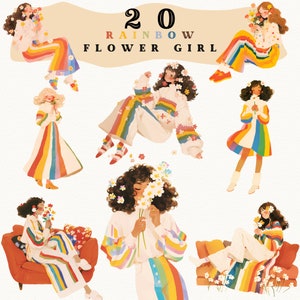 Adesivos digitais Rainbow Flower Girl, clipart de primavera, registro no diário, linda garota floral png, adesivo aconchegante, transparente, scrapbooking anime png