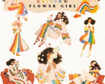 Regenbogen Blumen Mädchen Clipart: Frühling Blumen PNG Aufkleber (digitaler Download)