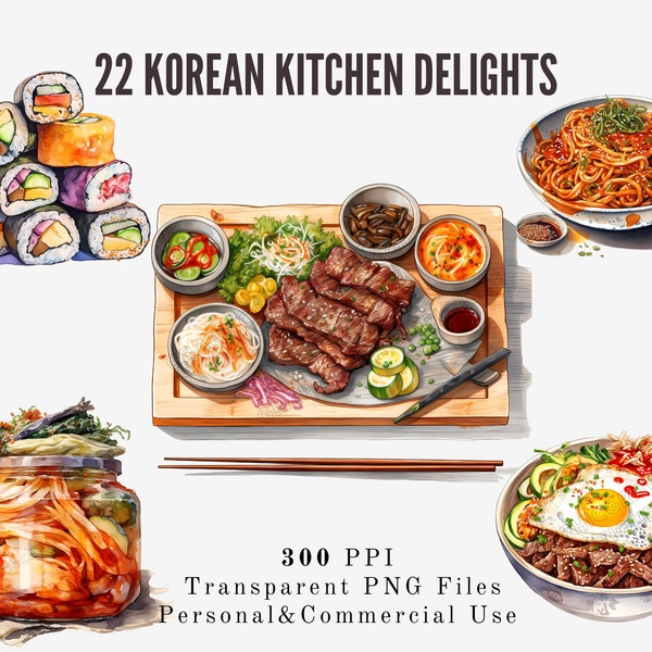 Korean Food Clipart Bundle - Watercolor High Quality PNG Images of Traditional Korean Dishes and Cuisine