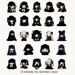 May include: Set of 24 digital illustrations featuring cute, cartoon girls with black hair and various poses and expressions. The girls are wearing black dresses and accessories, and some are holding objects like flowers, hearts, and books. The illustrations are in a gothic style and are perfect for use in digital projects.