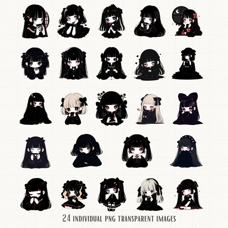 May include: Set of 24 digital illustrations featuring cute, cartoon girls with black hair and various poses and expressions. The girls are wearing black dresses and accessories, and some are holding objects like flowers, hearts, and books. The illustrations are in a gothic style and are perfect for use in digital projects.