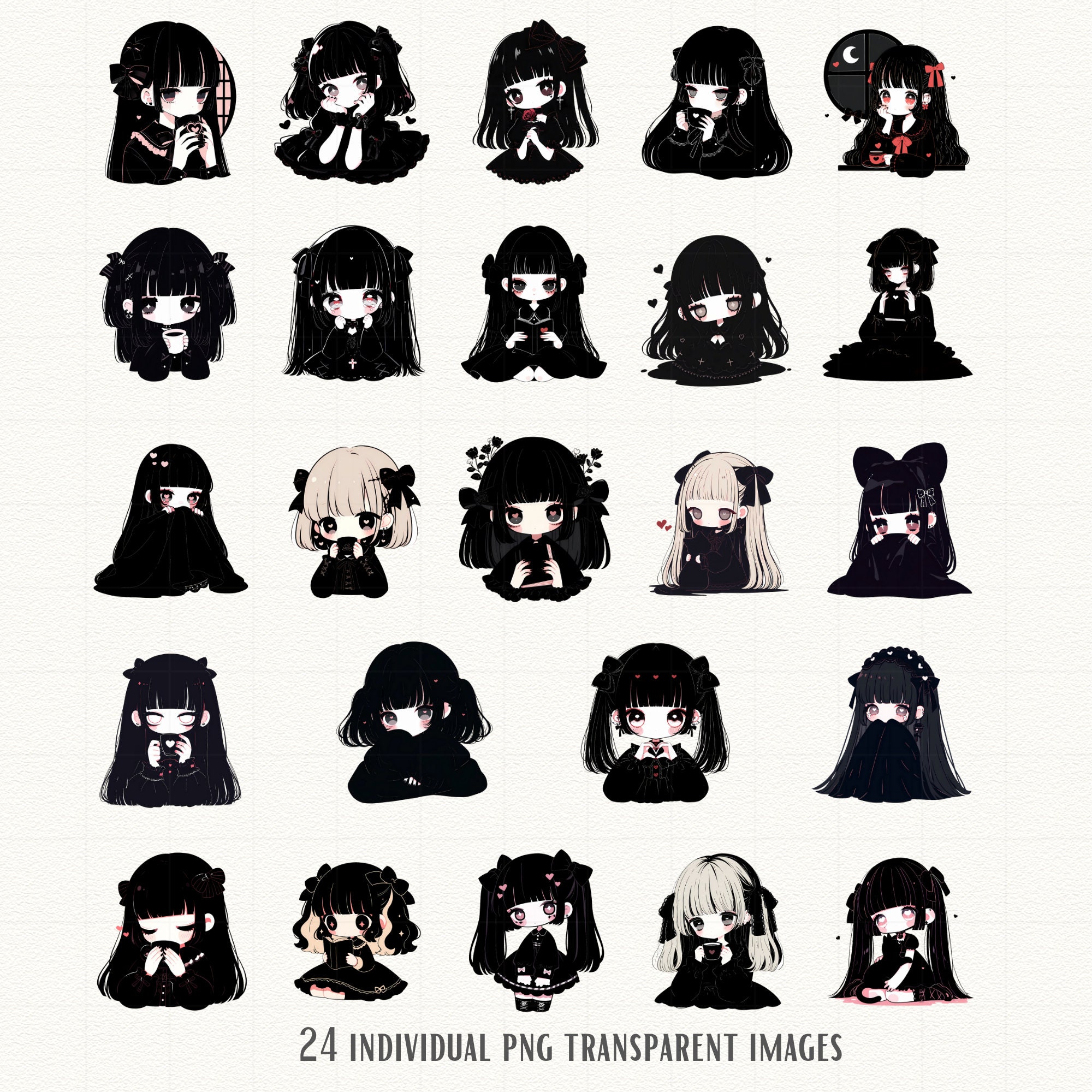 Gothic Girls Clipart Bundle – 24 Cozy Anime Characters PNG for