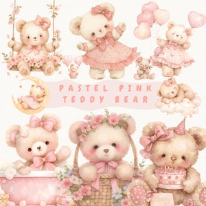 Adorável rosa pastel aquarela ursinho clipart | Clipart de ursinho de pelúcia rosa para meninas | Gráficos de chá de bebê | Clipart de berçário | Ursinho