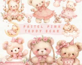 Adorable Pastel Pink Watercolor Teddy Bear Clipart | Pink Teddy Bear Clipart For Girls | Baby Shower Graphics | Nursery Clipart |Little Bear