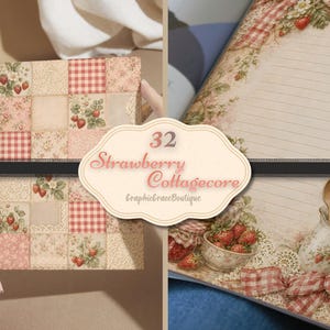May include: A collection of strawberry-themed cottagecore designs. The image shows a patchwork box, lined paper, and a bowl of strawberries. The text reads "32 Strawberry Cottagecore" with the shop name.