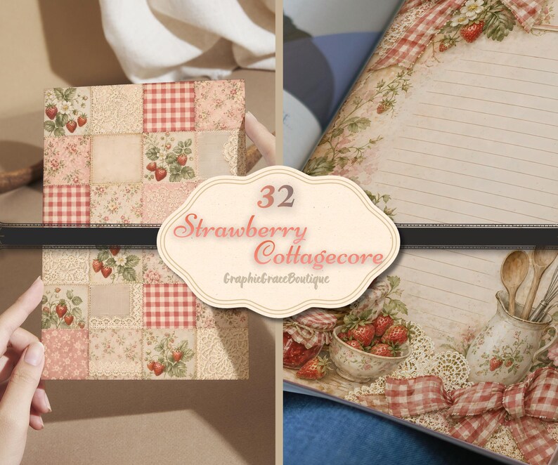 May include: A collection of strawberry-themed cottagecore designs. The image shows a patchwork box, lined paper, and a bowl of strawberries. The text reads "32 Strawberry Cottagecore" with the shop name.