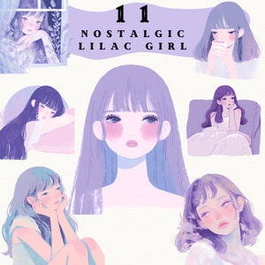Nostálgicas pegatinas digitales Lilac Girl, diario de imágenes prediseñadas Cozy Lilac, acogedor png hogareño, pegatina caprichosa, transparente, scrapbooking, anime png