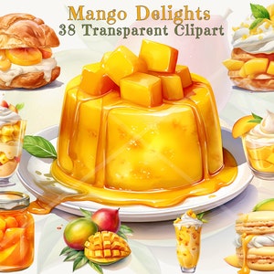Premium Mango Delights Watercolor Clipart Bundle – High Quality PNG Images for Commercial Use – Mango Pudding, Cake, Ice Cream & More