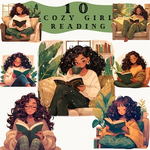 Pacchetto di clipart Cozy Reading Girl, clipart meteo maglione, clipart casalinga, topo di biblioteca verde png, clipart accogliente, scrapbooking, coperta accogliente, anime