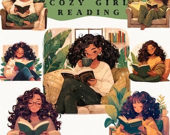 Cozy Reading Girl clipart bundle, sweater weather clipart, homey clipart, green bookworm png, cozy clipart, scrapbooking, cozy blanket,anime