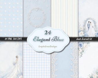 Dusty Blue Wedding Junk Journal Kit, 24 A4 Printable Pages, RSVP Menu Favor Cards, Elegant Scrapbook Paper Digital Download