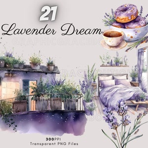 Acuarela lavanda paquete clipart - flores, jardín, balcón, pasteles, bebidas - descarga digital instantánea, uso comercial