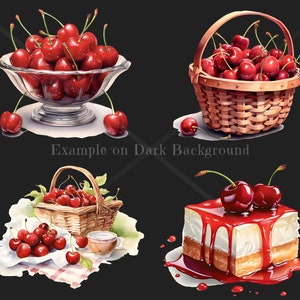 May include: Watercolor illustration of cherries in a glass bowl, a woven basket, and on a slice of cake with red glaze. The image includes the text "Example on Dark Background".