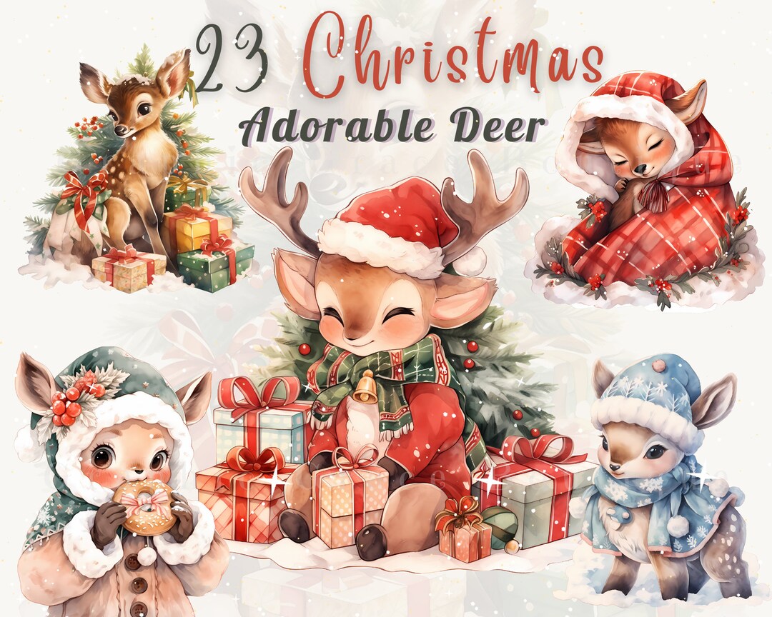 Watercolor Christmas Deer Clipart Bundle: Cute Deer in Winter Christmas ...