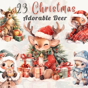 Watercolor Christmas Deer Clipart Bundle: Cute Deer in Winter Christmas Clothes, Adorable Winter Deer Gift | Transparent High-Quality PNGs