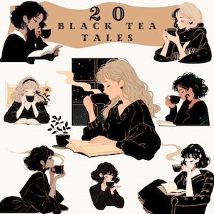 Cozy Black Tea Girl digital stickers, Cozy Bookworm clipart journaling, cozy homey png, whimsical sticker, transparent, scrapbooking, anime