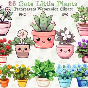 Cute Potted House Plants Clipart Bundle - Watercolor and Cartoon Style - High-Quality 300 DPI PNG and SVG - Sticker Ready - Bonus Patterns