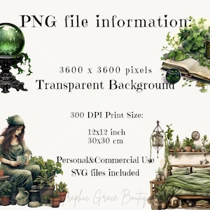 Puede incluir: Imagen de arte digital con texto: "Informaci&oacute;n del archivo PNG: 3600 x 3600 p&iacute;xeles, Fondo transparente, Tama&ntilde;o de impresi&oacute;n 300 DPI: 12x12 pulgadas, 30x30 cm, Uso personal y comercial, archivos SVG incluidos." La imagen presenta una bola de cristal, plantas y un dormitorio.