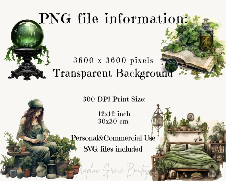 Puede incluir: Imagen de arte digital con texto: "Informaci&oacute;n del archivo PNG: 3600 x 3600 p&iacute;xeles, Fondo transparente, Tama&ntilde;o de impresi&oacute;n 300 DPI: 12x12 pulgadas, 30x30 cm, Uso personal y comercial, archivos SVG incluidos." La imagen presenta una bola de cristal, plantas y un dormitorio.