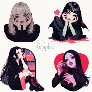 May include: Four digital illustrations of women with dark hair and red accents. Each woman is wearing a black dress and has a different expression. The illustrations are in a cartoon style and have a dark and mysterious aesthetic.