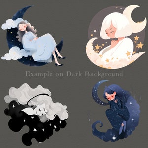 May include: Four illustrations of women with white, blue, and black hair, each surrounded by clouds and stars. The women are depicted in a dreamy, whimsical style, with soft features and flowing hair. The illustrations are set against a dark gray background.