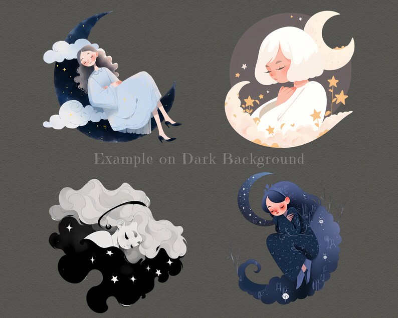 May include: Four illustrations of women with white, blue, and black hair, each surrounded by clouds and stars. The women are depicted in a dreamy, whimsical style, with soft features and flowing hair. The illustrations are set against a dark gray background.