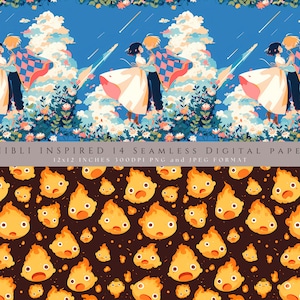 May include: Two digital paper designs inspired by Studio Ghibli. The first design features a couple standing in a field of flowers with a blue sky and clouds. The second design features a repeating pattern of fire spirits with yellow flames and surprised faces on a dark brown background.