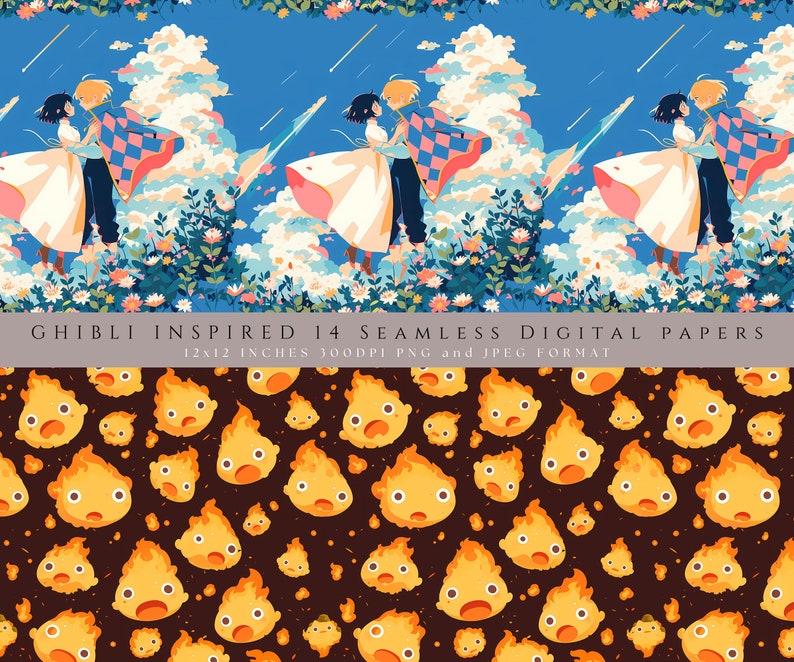 May include: Two digital paper designs inspired by Studio Ghibli. The first design features a couple standing in a field of flowers with a blue sky and clouds. The second design features a repeating pattern of fire spirits with yellow flames and surprised faces on a dark brown background.