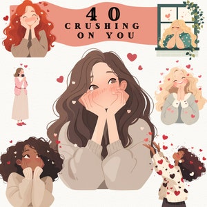Girls in Love Digital Sticker Clipart, Adorable Clipart, Cozy Girls png, Valentines Day clipart,  Cute Cartoon Romantic, Digital Download