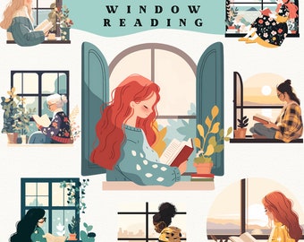 Op de afbeelding: Illustratie van 25 mensen die aan het lezen zijn bij ramen. Elk raam heeft een ander uitzicht, waaronder een skyline, een zonsondergang en een bos. De mensen lezen allemaal boeken en genieten van het uitzicht.