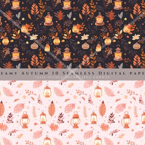 May include: Two seamless digital paper patterns featuring a repeating design of lanterns, leaves, and branches. The top pattern is on a dark background with orange, yellow, and brown colors. The bottom pattern is on a light pink background with orange, brown, and pink colors.  DREAMY AUTUMN 10 SEAMLESS DIGITAL PAPERS 12x12 INCHES 300DPI JPEG FORMAT