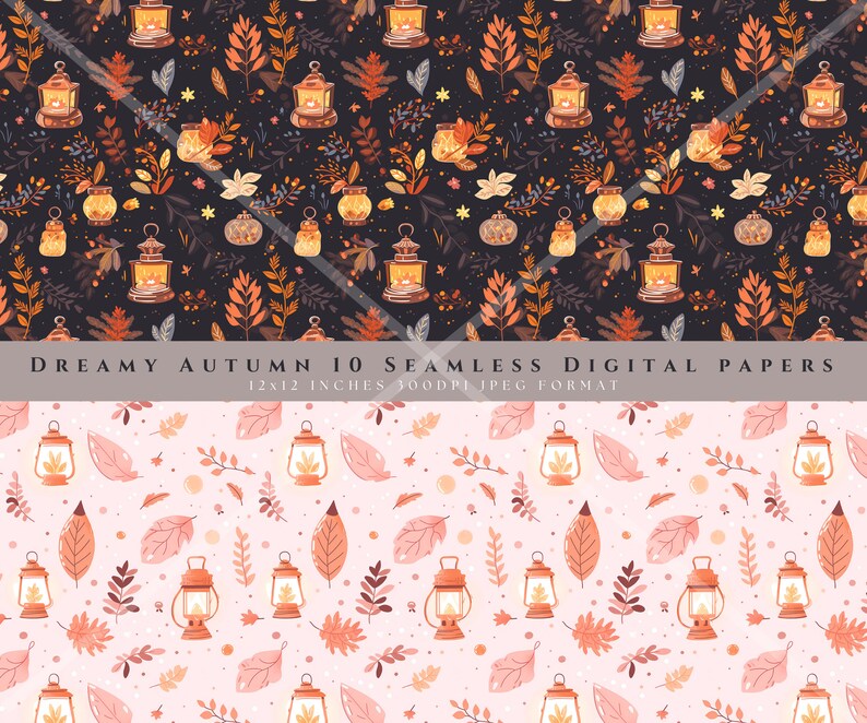 May include: Two seamless digital paper patterns featuring a repeating design of lanterns, leaves, and branches. The top pattern is on a dark background with orange, yellow, and brown colors. The bottom pattern is on a light pink background with orange, brown, and pink colors.  DREAMY AUTUMN 10 SEAMLESS DIGITAL PAPERS 12x12 INCHES 300DPI JPEG FORMAT