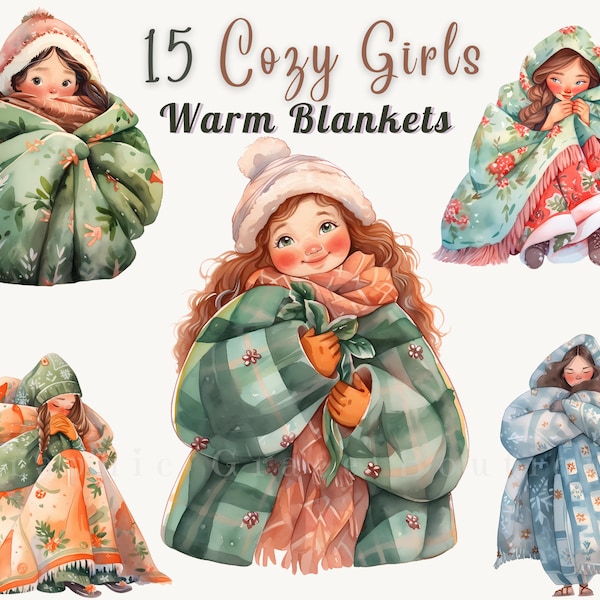 Watercolor Winter Girls with Cozy Blankets Clipart Bundle: Cute Girls Soft Blankets, Adorable Winter Vibes | Transparent High-Quality PNGs