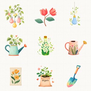 Pu&ograve; includere: Illustrazioni ad acquerello di elementi di giardinaggio e floreali. Include un annaffiatoio, una pala, un sacchetto di semi, una bottiglia con il testo "Bio Seeds" e lampadine con foglie.