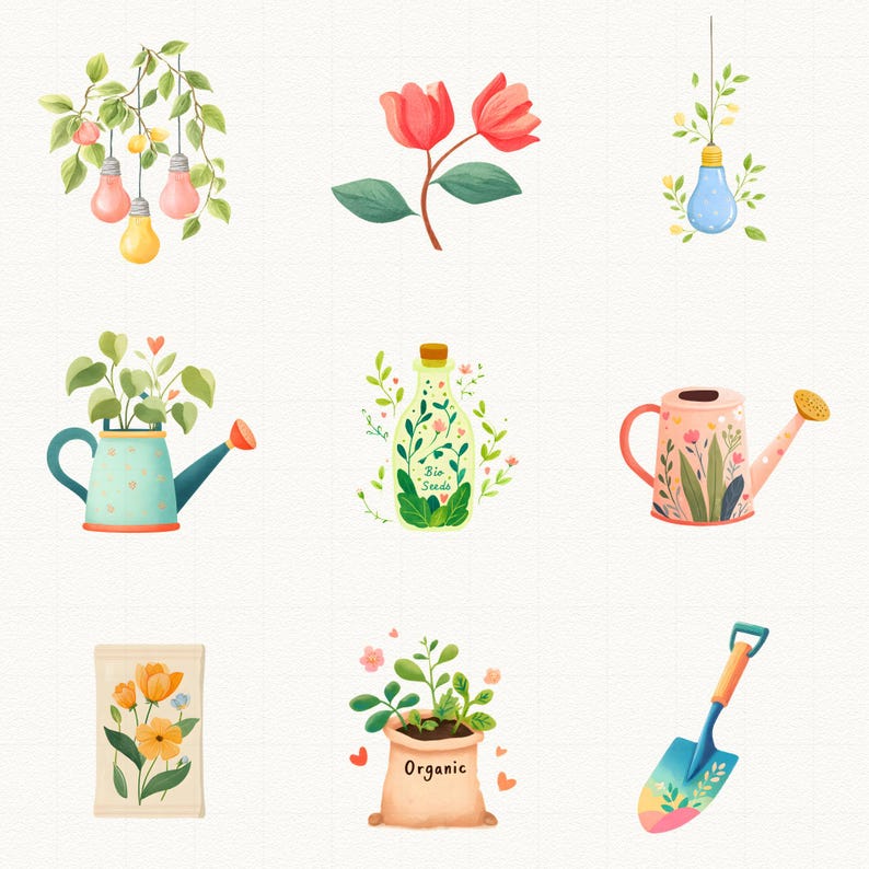 Pu&ograve; includere: Illustrazioni ad acquerello di elementi di giardinaggio e floreali. Include un annaffiatoio, una pala, un sacchetto di semi, una bottiglia con il testo "Bio Seeds" e lampadine con foglie.