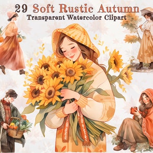 Paquete rústico de imágenes prediseñadas de acuarela de otoño, 29 imágenes PNG, estética rural tradicional con calabazas, girasoles, hojas, manzanas y más
