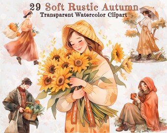 Rustic Autumn Watercolor Clipart: Pumpkins, Sunflowers, Leaves (29 PNG)