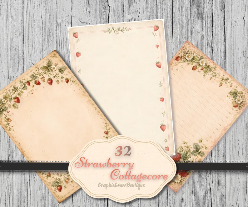 May include: A set of vintage-style stationery featuring strawberries and floral motifs. The stationery includes lined and unlined paper with a cream background and decorative borders. A label with the text "Strawberry Cottagecore" is also visible in the image.