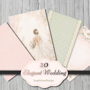 Puede incluir: Una colecci&oacute;n de 20 papeles elegantes con tem&aacute;tica de boda. Los papeles presentan una novia, dise&ntilde;os florales, encaje y lunares en colores pastel suaves. Los papeles est&aacute;n dispuestos sobre un fondo de madera.