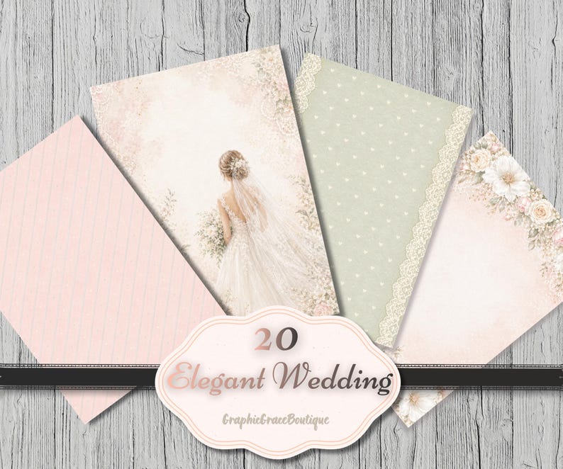 Puede incluir: Una colecci&oacute;n de 20 papeles elegantes con tem&aacute;tica de boda. Los papeles presentan una novia, dise&ntilde;os florales, encaje y lunares en colores pastel suaves. Los papeles est&aacute;n dispuestos sobre un fondo de madera.