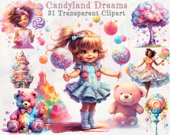 Premium Candyland Clipart - Cute Girls, Candy Houses, Lollipops, Candy Castles PNG - For Commercial Use and Personal Use, Instant Download