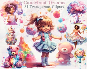 Candyland Clipart Bundle – Candy Houses, Lollipops, Cute Girls (PNG, Commercial Use)