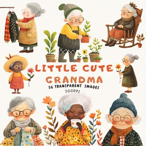 Adorabile collezione di clipart della nonna - piccole nonne dolci e carine che si prendono cura dei giardini, sorseggiano il tè e diffondono gioia - Download istantaneo