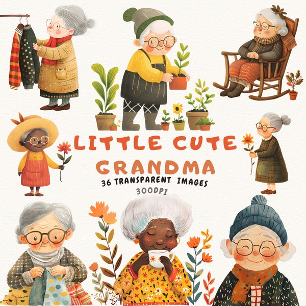 Adorable Grandma Clipart Collection - Sweet Cute Little Grannies Tending Gardens, Sipping Tea, and Spreading Joy - Instant Download